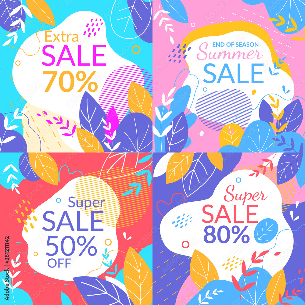 Summer Sale Banners Set, Doodle Watercolor Style