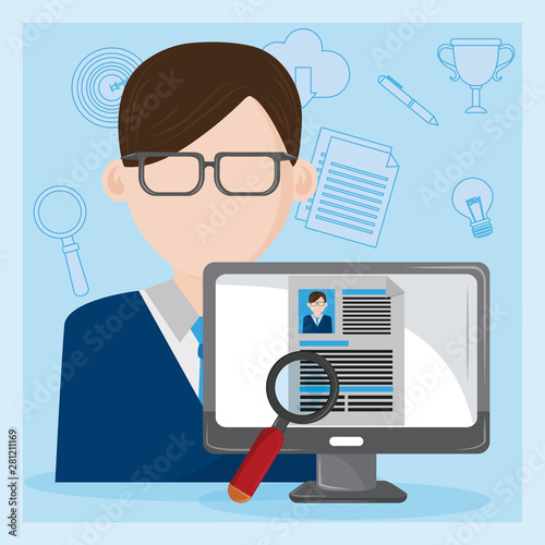 Job interview computer with checking worker CV profile