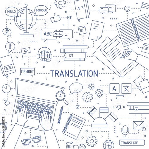 Square monochrome banner template with hands of translators typing on laptop keyboard and writing on paper. Professional translation of foreign languages. Vector illustration in modern linear style. photo