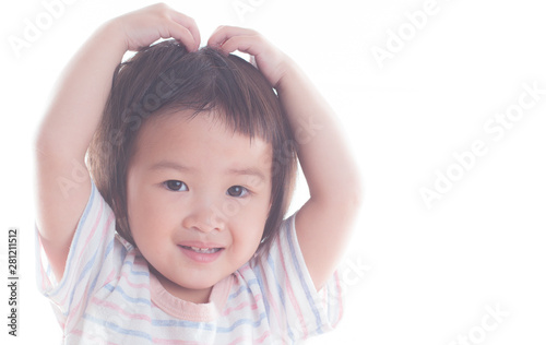 Happy asian kid girl on white background.