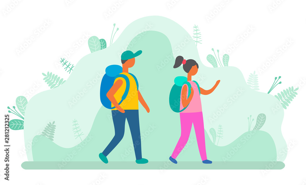 Man and woman with backpacks walking on background of green leaves and bushes. Vector cartoon people on hiking or camping tour, male and female in touristic hike Man and woman with backpacks walking on background of green leaves and bushes. Vector cartoon people on hiking or camping tour, male and female in touristic hike