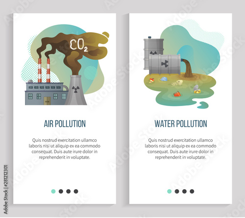 Air pollution vector, water waste and disposals, gas emissions from factories emitting co2 harmful substances, sewer pipe with garbage in it. Website or slider app, landing page flat style