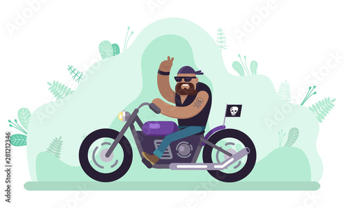 Motorcycle and brutal biker vector, person riding bike. Male with tattoos and beard wearing hat and leather jacket. Person sitting on machine transport
