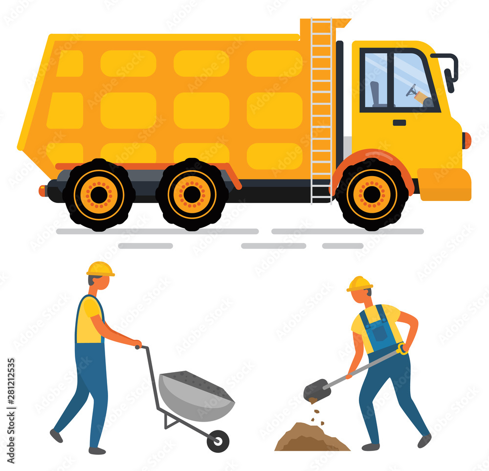 Men wearing helmet working with shovel and wheelbarrow, worker and roadwork. Side view of yellow truck, construction equipment, transportation vector