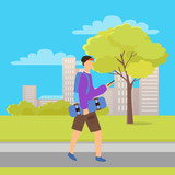 Man holding skateboard, walking boy using phone, person wearing casual clothes and backpack. Vector skateboarder going outdoor, urban skater in park vector