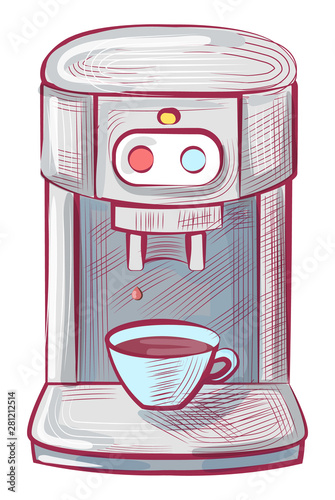 Coffee machine, hot drink brewing equipment isolated sketch icon. Vector cup of strong beverage and coffeemaker with buttons, latte or cappuccino