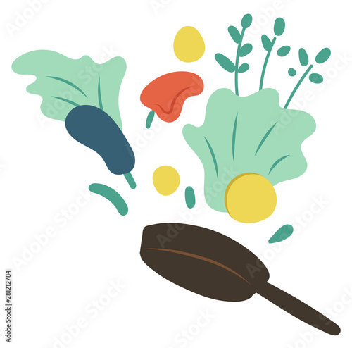 Cook hobby, frying pan with vegetables. Label decorated by bell pepper, zucchini and green, ingredients symbols, cookery decoration element, hobby vector