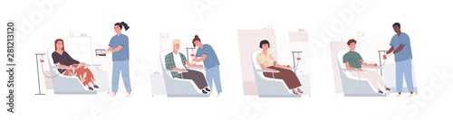 Fotografie, Tablou Collection of cute funny men and women sitting in chairs and donating blood and doctors collecting it