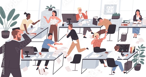 Unorganized office with lazy and unmotivated workers. Concept of difficulties and problems with organization at work, chaos, mess and disorder at workplace. Flat cartoon colorful vector illustration.