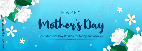 Happy Mother's Day Banner Vector illustration. Thai Jasmine flowers frame on blue bokeh background