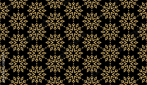 Abstract geometric pattern with lines, snowflakes. A seamless vector background. Black and gold texture. Graphic modern pattern