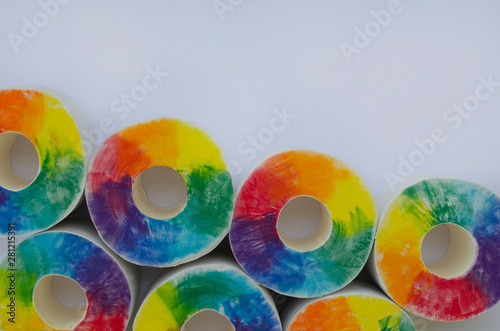 Multicoloured circles toilet paper white background 