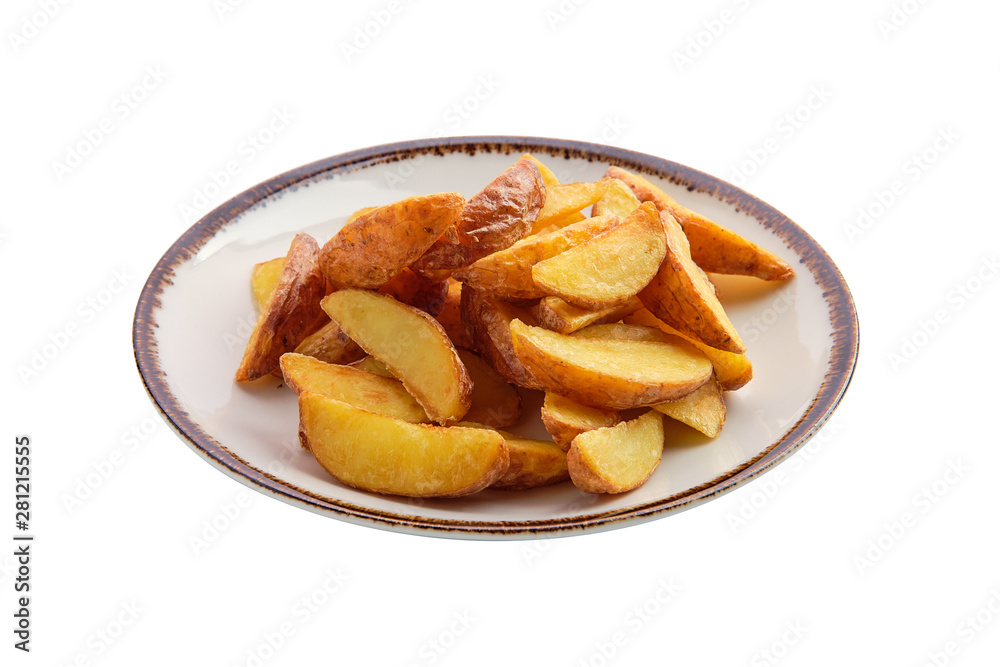 Plate with fried potato wedges isolated on white Plate with fried potato wedges isolated on white