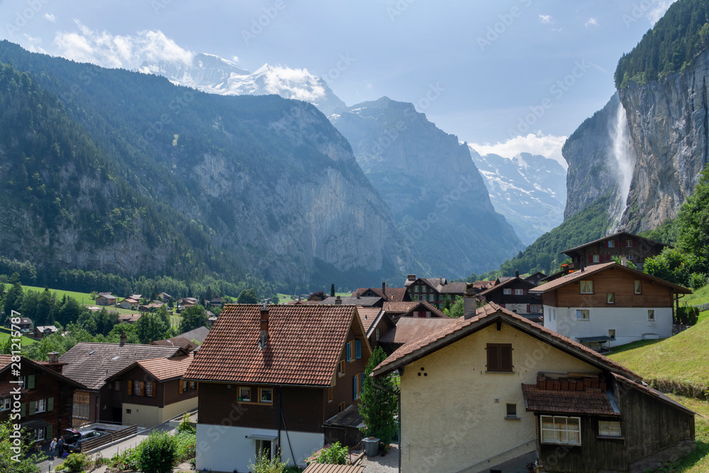 View over Lauterbrunnen and mountains in the background