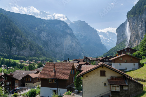 View over Lauterbrunnen and mountains in the background