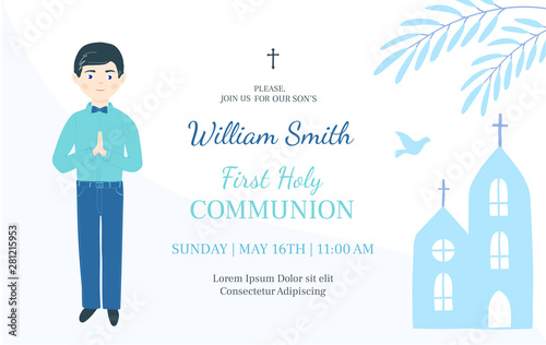 First Holy Communion invitation design template. Christian boy pray .