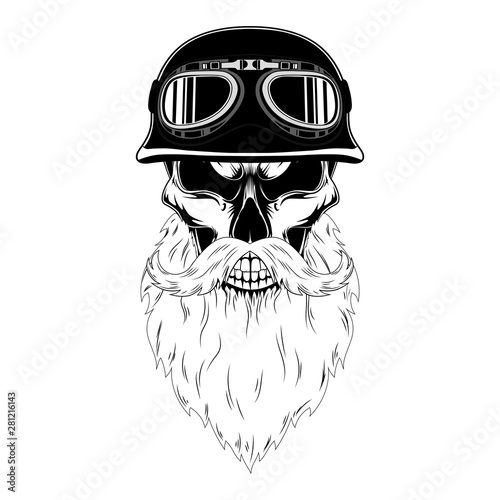 Skull with a beard and mustache in a motorcycle helmet. Vector image on white background.