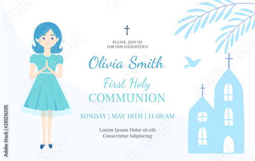First Holy Communion invitation design template. Christian girl pray .