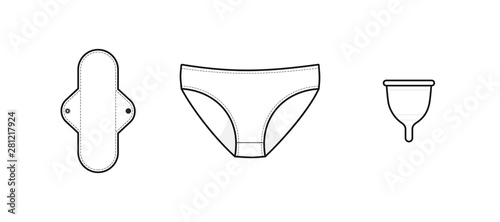 Zero waste feminine hygiene products. Sustainable products: cloth menstrual pad, period panties and menstrual cup.Black line. Vector illustration, flat design