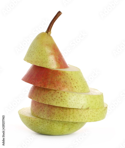 Fresh ripe pear slices isolated on white background
