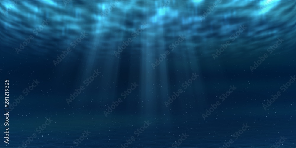 Sun and sunbeams underwater shining through ocean surface. Sea deep underwater