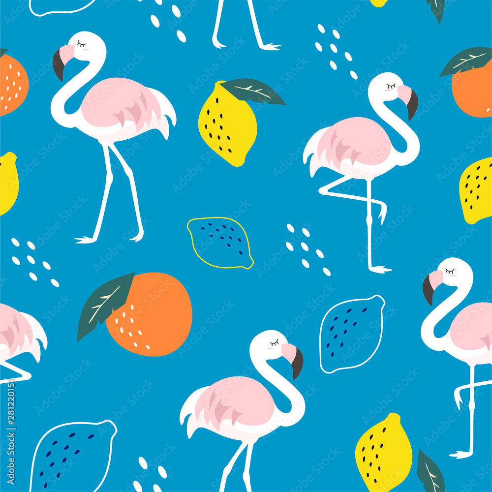 Obraz premium Trendy pattern with flamingo and abstract tropical fruits. Vector seamless texture. 