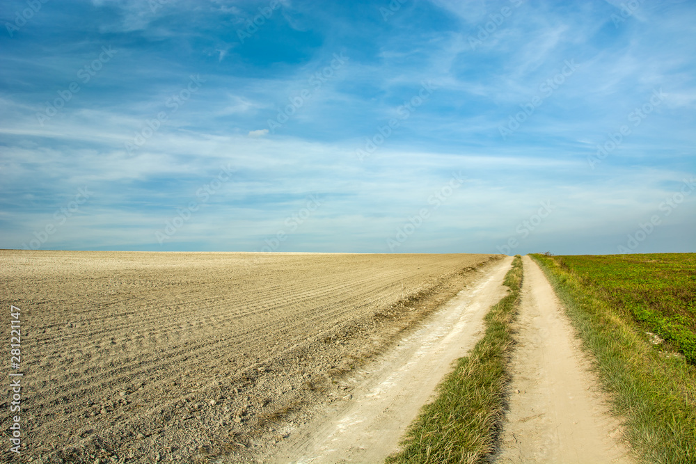 Plowed field by dirt road, horizon and sky Plowed field by dirt road, horizon and sky