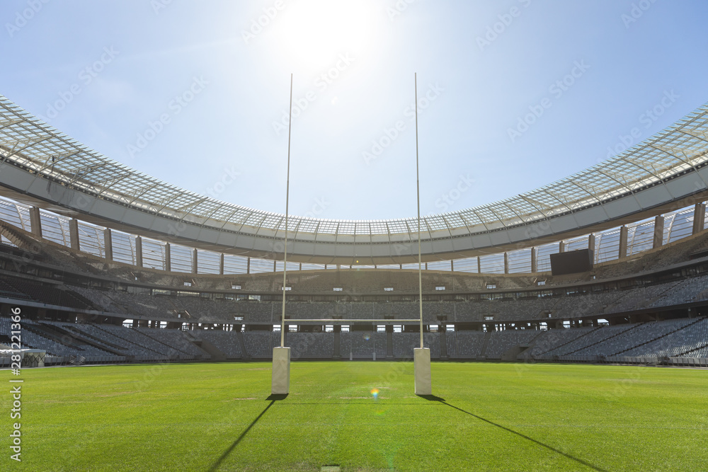 Rugby goal post on a sunny day in the stadium - obrazy, fototapety, plakaty 
