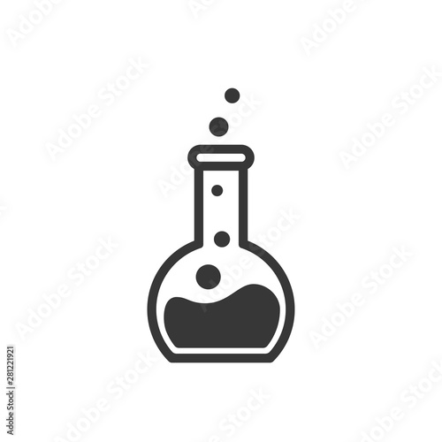 Laboratory beaker icon. Сhemical experiment in flask. Сhemistry and biology symbol. Flask vector illustration. Science technology. Isolated black object on white background.
