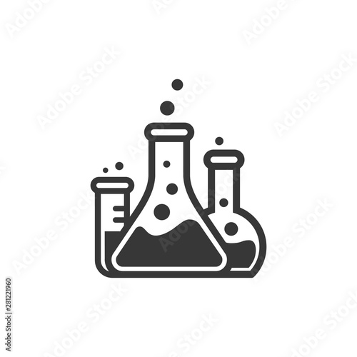 Laboratory beakers icon. Сhemical experiment in flasks. Сhemistry and biology symbol. Flasks vector illustration. Science technology. Isolated black object on white background.