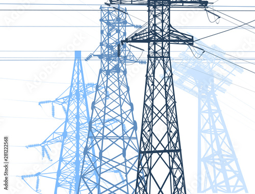 group of blue electric towers on white