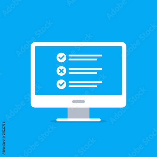 Online surveys form. Online exam. Checklist on the computer screen. Isolated vector illustration in flat style.