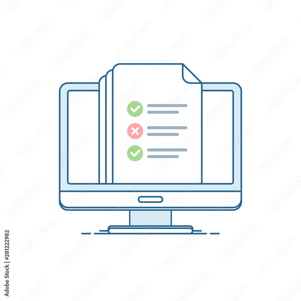 Online surveys form. Online exam. Checklist on the computer screen. Isolated vector illustration in flat style.