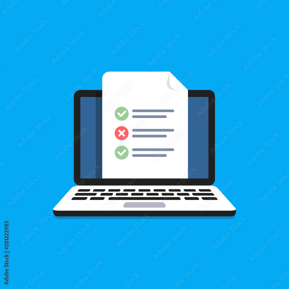 Online surveys form. Online exam. Checklist on the computer screen. Isolated vector illustration in flat style. Online surveys form. Online exam. Checklist on the computer screen. Isolated vector illustration in flat style.