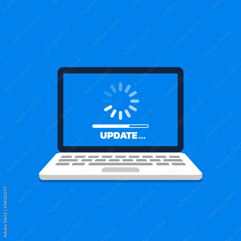 Software update. Loading process in laptop screen. PC Upgrade concept. Vector illustration in flat style. Software update. Loading process in laptop screen. PC Upgrade concept. Vector illustration in flat style.