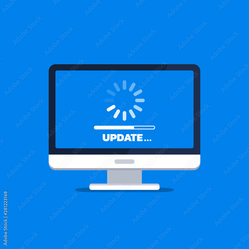 Software update. Loading process in desktop screen. PC Upgrade concept. Vector illustration in flat style. Software update. Loading process in desktop screen. PC Upgrade concept. Vector illustration in flat style.