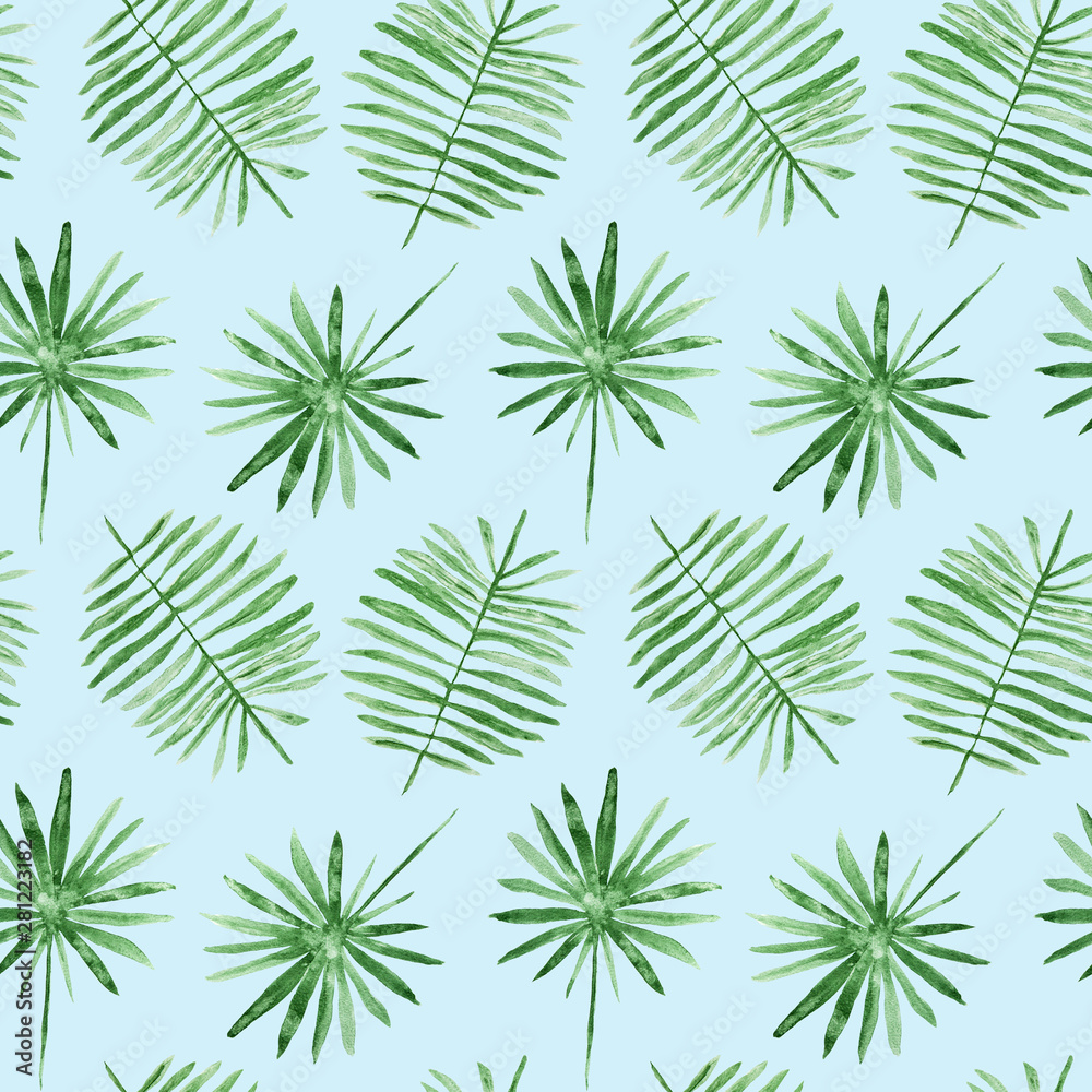 Green palm leaves, tropical watercolor painting - hand drawn seamless pattern on blue