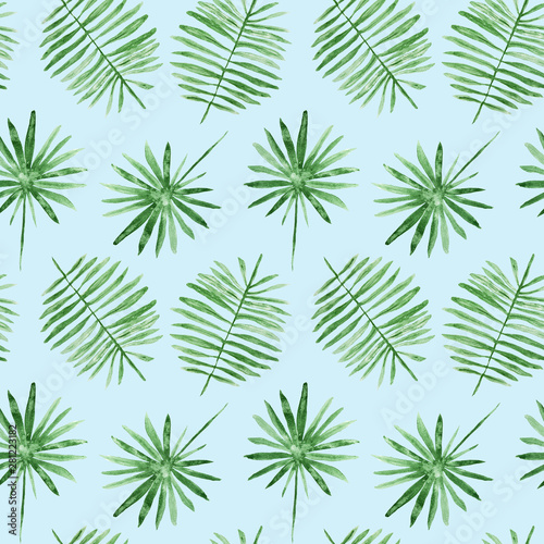 Green palm leaves  tropical watercolor painting - hand drawn seamless pattern on blue