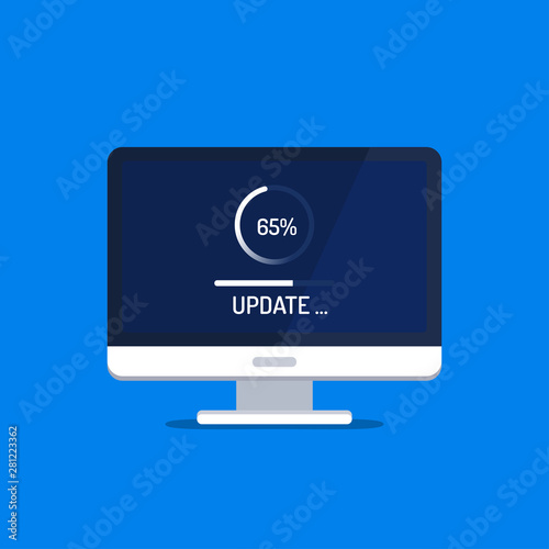 Software update. Loading process in desktop screen. PC Upgrade concept. Vector illustration in flat style.