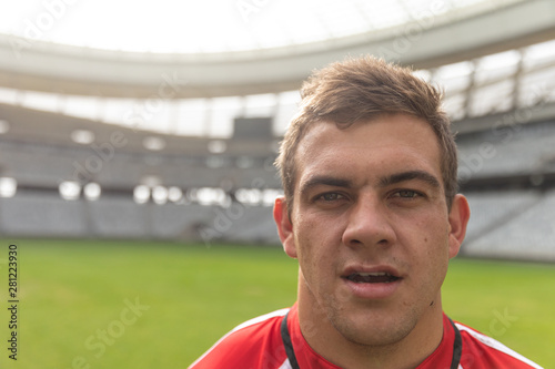 Rugby player looking at camera in the stadium