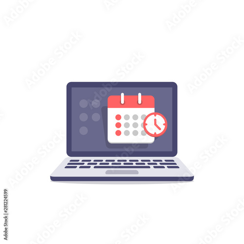 Calendar icon on screen laptop. Schedule, appointment, important date concept. Vector illustration in flat style.