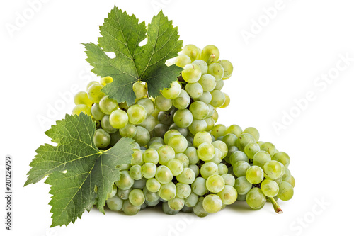 Fresh ripe white grapes cluster with leaves isolated on a white