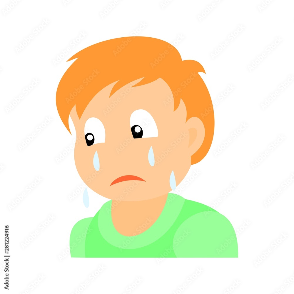 Portrait of sad boy on crying. Baby boy color vector illustration. Flat design.