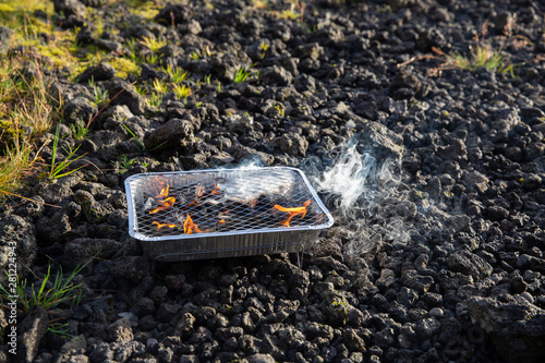 Wallpaper Mural Small disposable barbecue stands on the stones. Flames come from charcoals of grill. Preparing BBQ, Iceland. Torontodigital.ca