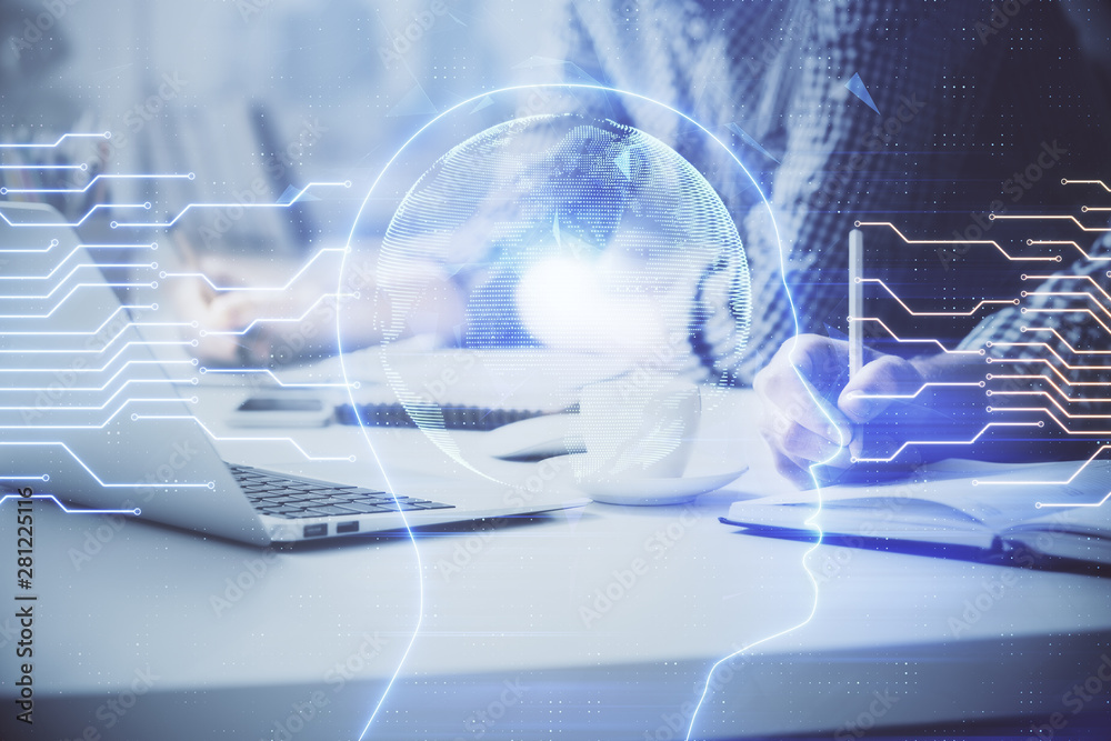 Man typing on keyboard background with brain hologram. Concept of big Data. Man typing on keyboard background with brain hologram. Concept of big Data.