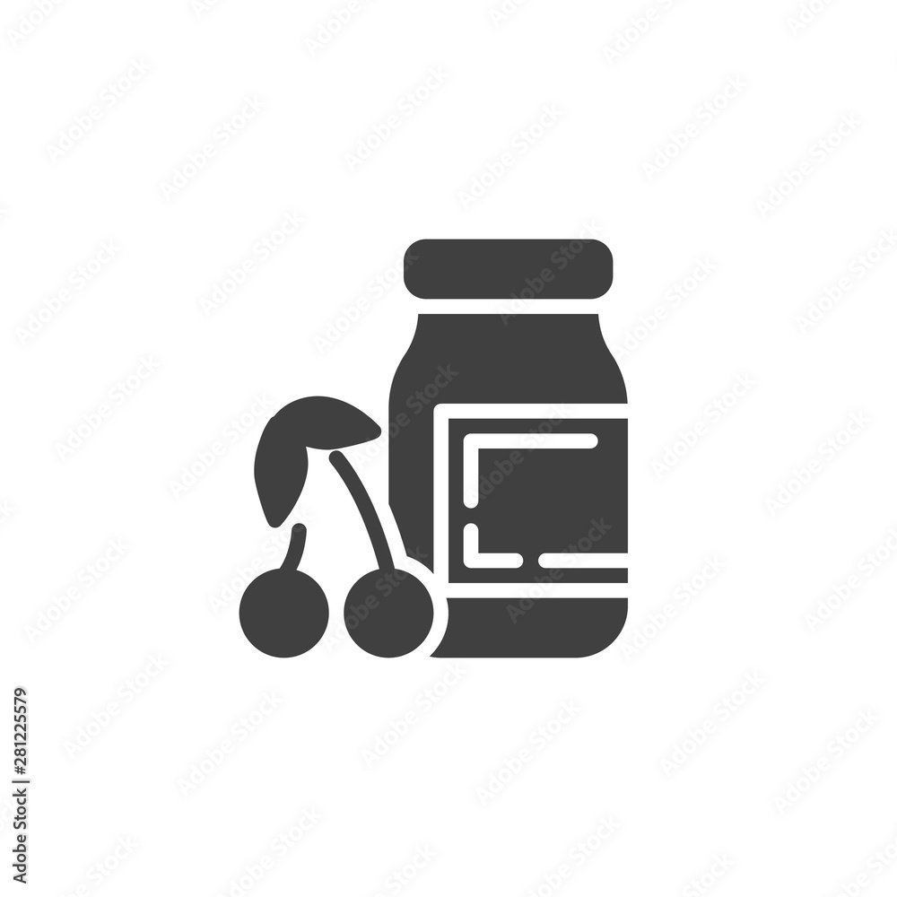 Cherry jam jar vector icon. filled flat sign for mobile concept and web design. Jar and cherry glyph icon. Symbol, logo illustration. Vector graphics Cherry jam jar vector icon. filled flat sign for mobile concept and web design. Jar and cherry glyph icon. Symbol, logo illustration. Vector graphics