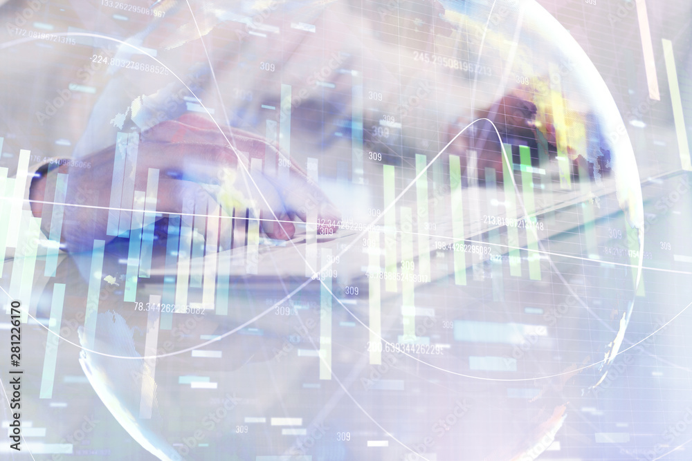 Double exposure of businessman working on laptop on background. International business hologram in front. Concept of success. Double exposure of businessman working on laptop on background. International business hologram in front. Concept of success.