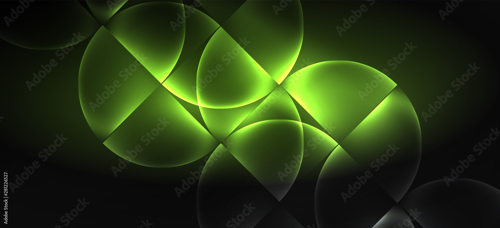 Neon glowing techno lines, hi-tech futuristic abstract background. Template with abstract shapes in dark space Neon glowing techno lines, hi-tech futuristic abstract background. Template with abstract shapes in dark space