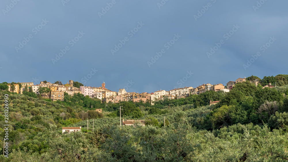 Panoramic view of the medieval village of Castagneto Carducci, Livorno, Tuscany, Italy