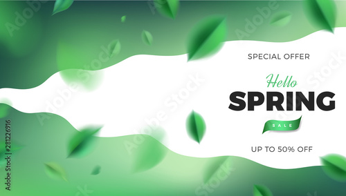 Green nature banner background with spring leaves and soft color forest decoration. Vector Sale promotion design